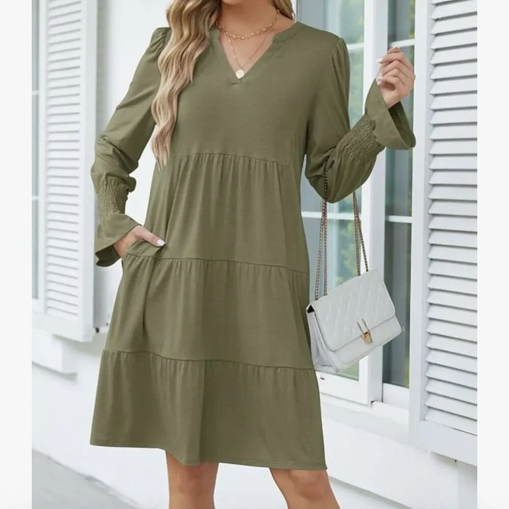 New Marokeety Long Sleeve Ruffle Midi Dress Olive V-Neck Pockets Women's‎ Small